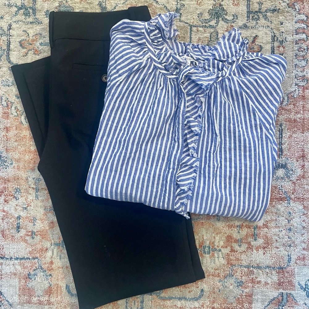 Chicos Blue Stripe Blouse with ruffle detail